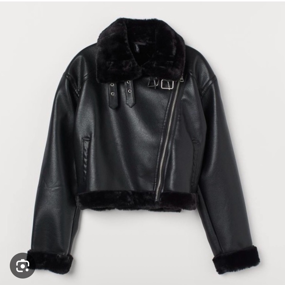 H&M Black Faux Leather Jacket with Fur Trim